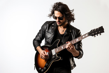 Obraz premium Talented musician playing an acoustic guitar, exuding passion and style in a studio portrait.