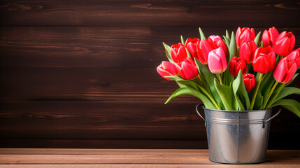 Fresh red tulip flowers bouquet in a metal bucket on a shelf in front of wooden wall.