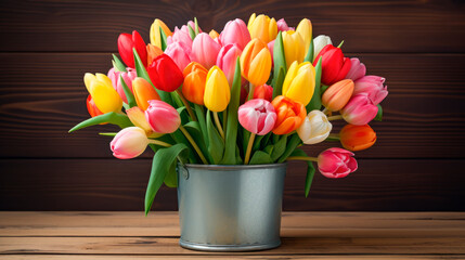 Fresh colorful tulip flowers bouquet in a metal bucket on a shelf in front of wooden wall.