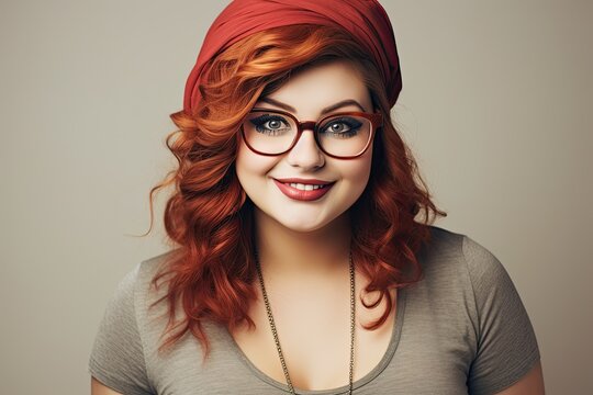 Attractive and stylish fat woman in glasses, exuding beauty and modern glamour with a trendy, retro look.