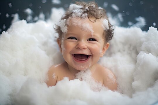 Joyful and clean toddler having fun in the bathtub with bubbles, showcasing a happy and hygienic moment.