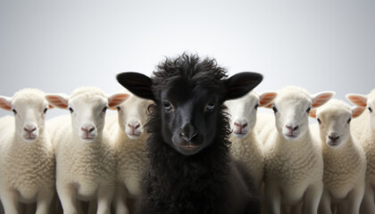 Naklejka premium One black sheep standing away from a group of white sheep generative ai