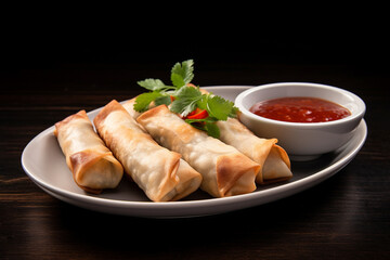 Crispy asian chicken spring rolls on plate with sauce