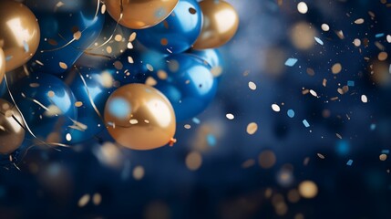 Image of golden and blue balloons and falling confetti on a blurred background.