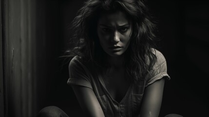 Image of depressed woman on a dark background.