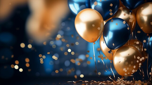 Image of golden and blue balloons and falling confetti on a blurred background.