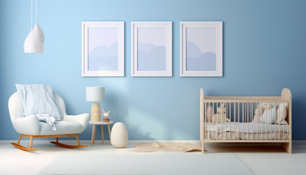 A photo mockup of a wall has one picture with a ratio of 2: 3, the room is a children's nursery in light blues colours --ar 7:4 --stylize 50 --v 5.2 Job ID: 3645679d-b92e-44cf-a21c-40c43f1ec5cf