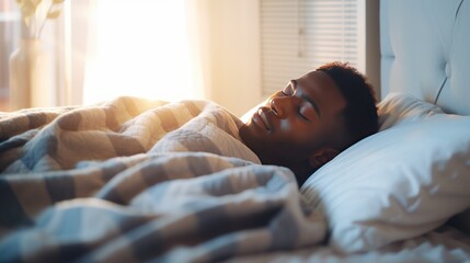 African-American man sleeps under warm plaid on soft bed at home closeup. Handsome black guy dreams lying on pillows in cozy bedroom. Young man naps comfortably in semi dark hotel room - obrazy, fototapety, plakaty