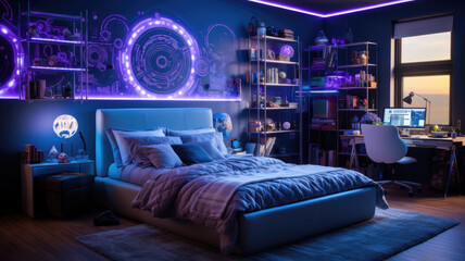 Children’s room for teens, futuristic design with neon light. Modern home interior in blue and purple colors. Concept of bedroom, cozy contemporary apartment, teenager - obrazy, fototapety, plakaty