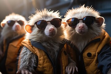  two hedgehogs wearing sunglasses and vests are standing next to each other in front of a group of people.