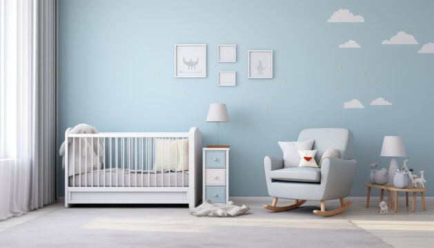 A photo mockup of a wall has one picture with a ratio of 2: 3, the room is a children's nursery in light blues colours --ar 7:4 --stylize 50 --v 5.2 Job ID: e4ae3de9-9cb7-4e51-9e35-56436bb7a34b