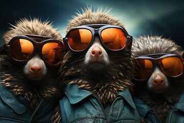  a group of monkeys wearing sunglasses on top of each other in front of a dark background with a sky in the background.