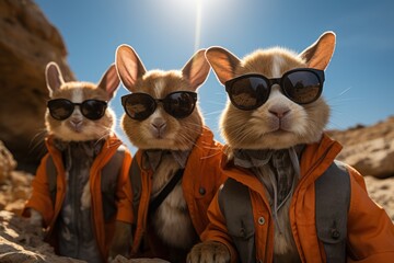 a group of small animals wearing sunglasses on top of a rocky hillside with a bright blue sky in the background.