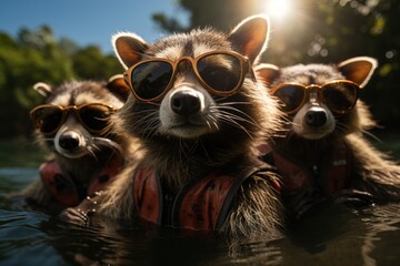  a group of raccoons wearing goggles in a body of water with trees in the backgroud.