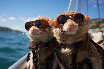  two ferrets wearing goggles and backpacks on a boat in the middle of a body of water. - obrazy, fototapety, plakaty