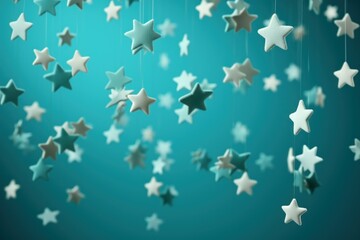 a group of stars hanging from strings on a blue background in the shape of a heart and stars in the shape of a heart.