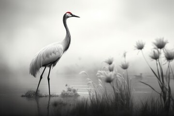  a black and white photo of a bird standing in a body of water with flowers in the foreground and a foggy sky in the background. - Powered by Adobe
