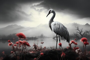  a large bird standing on top of a lush green field next to a body of water under a cloudy sky. - Powered by Adobe