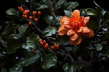 a close up of an orange flower on a branch with green leaves on a dark background with a black background.