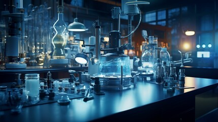 Image of chemical tubes and glass dishes in a laboratory atmosphere.