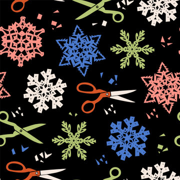 Set of various Snowflakes, scissors. Paper cut style. Christmas winter snow flakes. Hand drawn trendy Vector illustration. Party decoration, new year celebration concept. Square seamless Pattern
