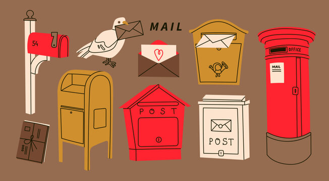 Mailboxes, Postal letterboxes set. Different postboxes, envelope with mail, pigeon, postcard. Hand drawn modern Vector illustration. Isolated design elements. Delivery, message, communication concept