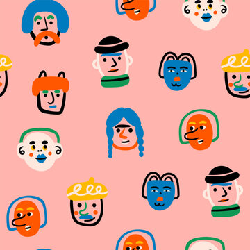 Quirky bright portraits. Diverse people. Cute funny characters. Trendy modern art. Cartoon, minimal, abstract contemporary style. Hand drawn Vector illustration. Square seamless Pattern, wallpaper