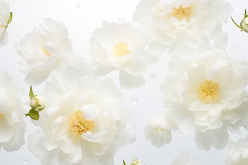 Beautiful delicate peony flowers on white background. Top view.