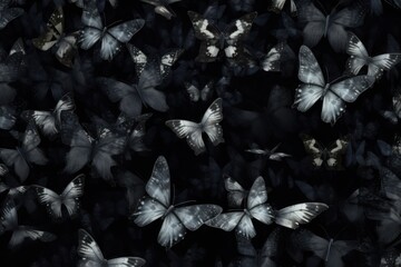  a black and white photo of a group of butterflies flying in the air with their wings spread out and their wings spread out.