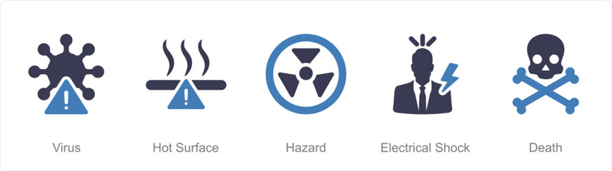 A set of 5 Hazard Danger icons as virus, hot surface, hazard