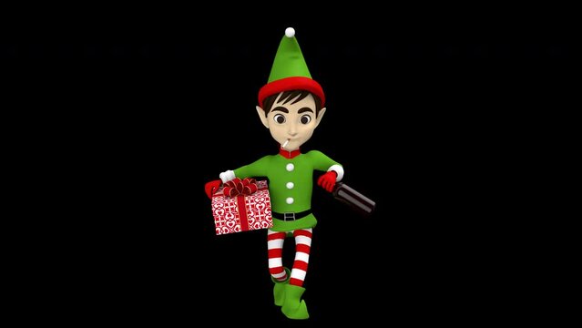 Christmas elf dancing with gift box and bottle of booze - 3d render looped with alpha channel. 