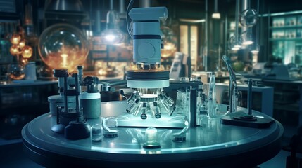 Image of chemical tubes and glass dishes in a laboratory atmosphere.