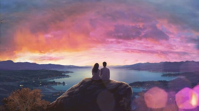 Couple romantic animation falling in love with beautiful view background river and sunrise  illustration. looping 4K video. Generate with AI