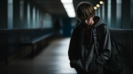 Image of an upset boy in a school hallway.