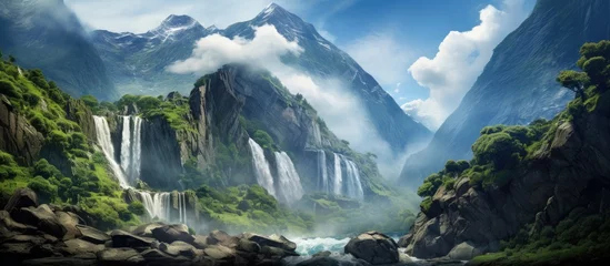 Papier peint adhésif Manaslu The magnificent waterfalls in the Nepalese Himalayas captivate adventurers.