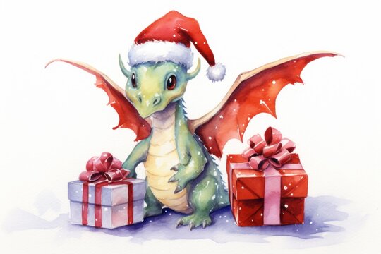  a watercolor painting of a dragon with a santa hat next to a gift box and a box of presents.
