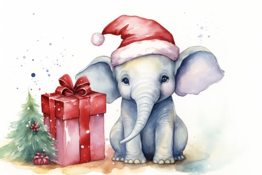  a watercolor painting of an elephant with a santa hat next to a christmas tree with a gift wrapped in a red ribbon.