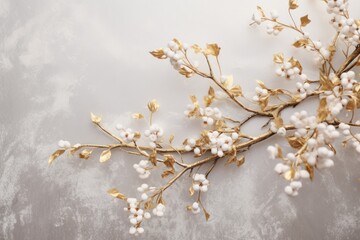 snow covered gold plated branch on silver gray  wall winter background with copy space  - Powered by Adobe
