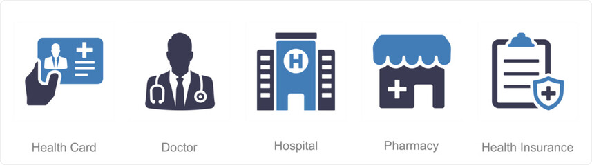 A set of 5 Health Checkup icons as health card, doctor, hospital