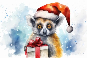 Fototapeta premium a watercolor painting of a lemuron wearing a santa hat and holding a gift box with a red ribbon.