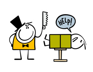 Magician grins maliciously, holds saw, shows trick with sawing. Vector illustration on the stage of circus or theater. Frightened assistant asks for help in box.