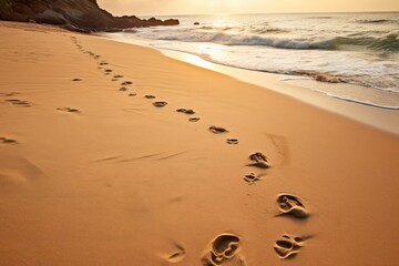 footprints in sand on the beach in the morning with beautiful light - obrazy, fototapety, plakaty