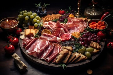 spanish jamon on a plate at christmas dinner with candles. Cold cuts charcuterie board with appetizers on xmas.