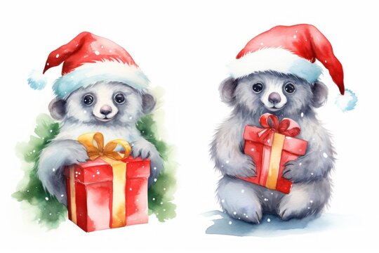  a watercolor painting of a bear holding a gift box with a santa hat on its head and another bear with a present in its paws.