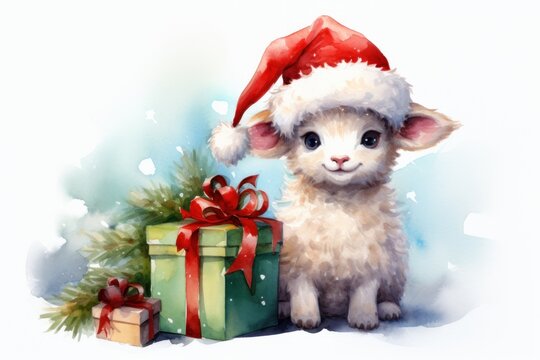  a watercolor painting of a little lamb with a santa hat next to a gift box and a christmas tree.