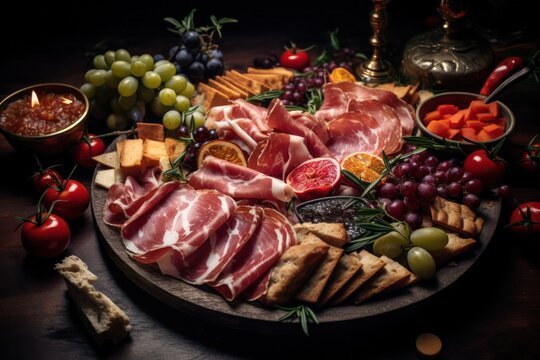 spanish jamon on a plate at christmas dinner with candles. Cold cuts charcuterie board with appetizers on xmas.
