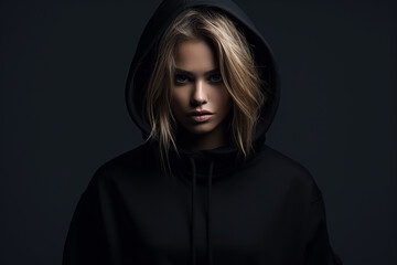 young blonde woman in a hoodie on a black background looks sternly at the camera