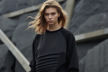 beautiful young woman in a black sweatshirt, fashion shoot