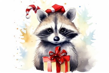  a painting of a raccoon wearing a santa hat and holding a gift box with a red ribbon on it.