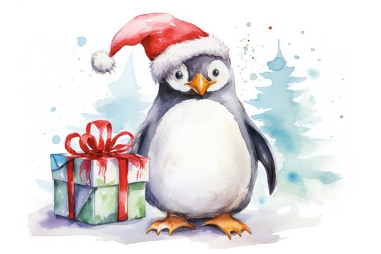  a penguin wearing a santa claus hat next to a gift box with a red ribbon and a green box with a red bow.